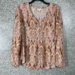 J Jill Pink Boho Geometric Pintuck Long Sleeve Blouse - Size XL - Button Front